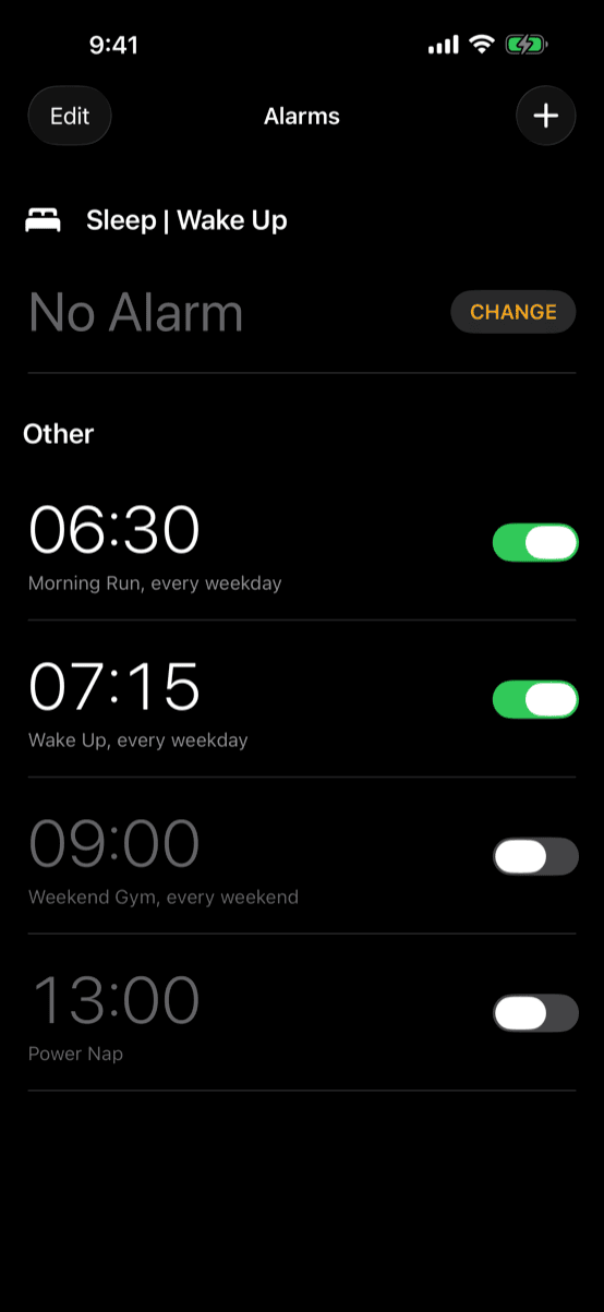 BGM Alarm home screen listing your alarms