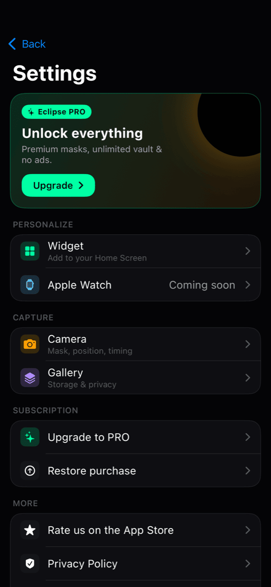Eclipse settings with Pro upgrade and personalize options