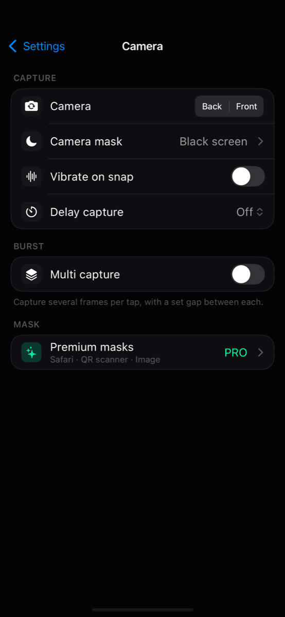 Eclipse camera controls — mask, timing and burst