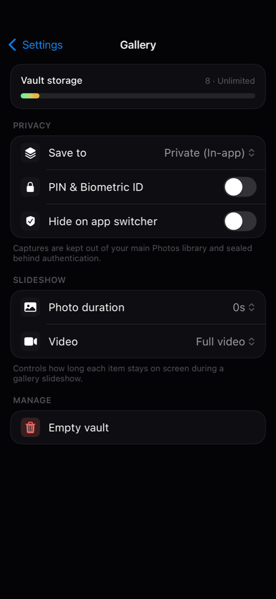 Eclipse private gallery vault with PIN and biometric lock
