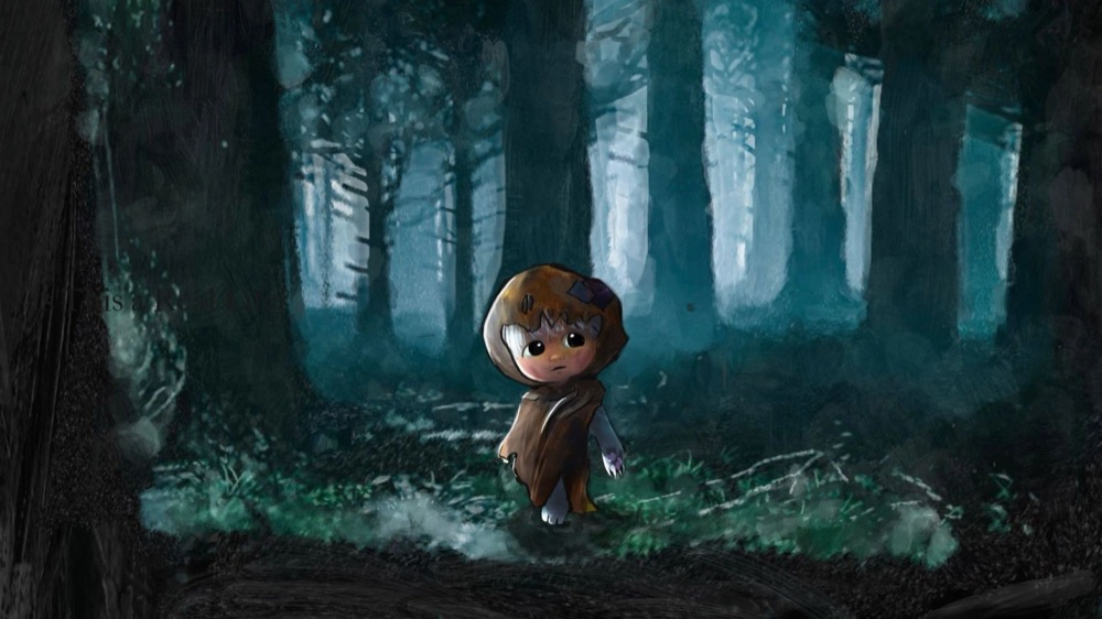 Hand-painted scene of a small hooded character standing in a misty forest
