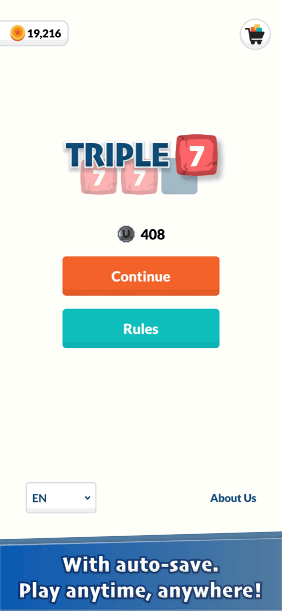 Triple Seven home screen with Continue and Rules, and auto-save