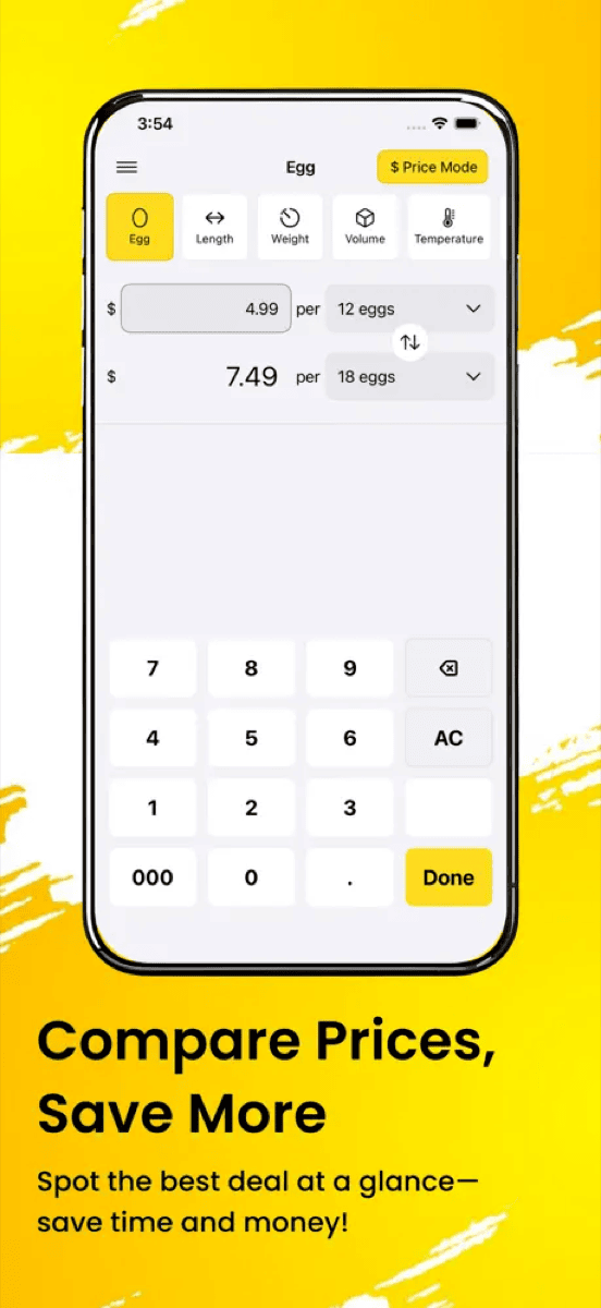 Price Mode comparing the cost of 12 eggs vs 18 eggs